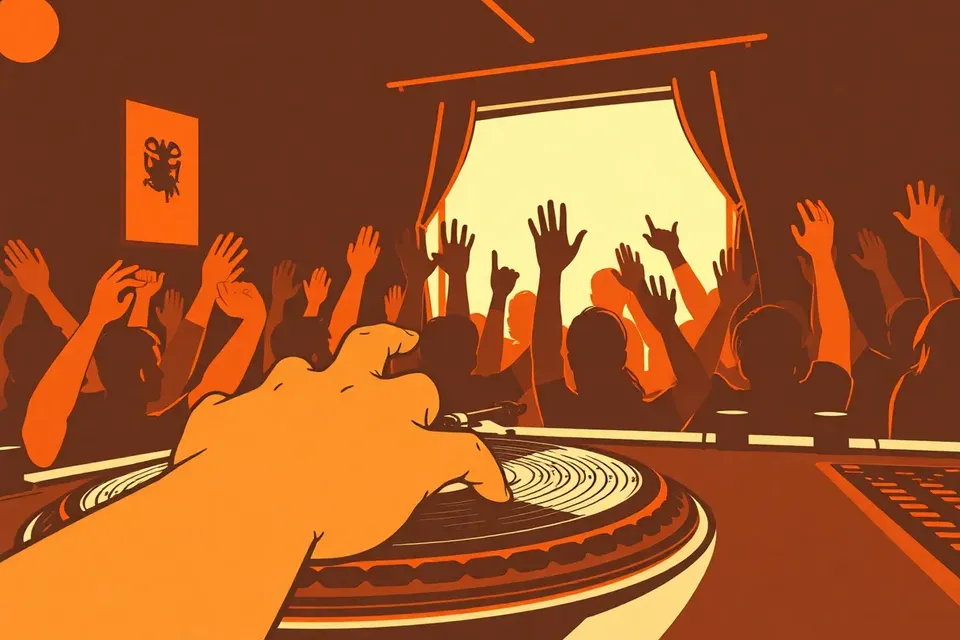 An illustration of a DJ's hand over a turntable with a blurred crowd of raised hands in the background, lit by warm café light.