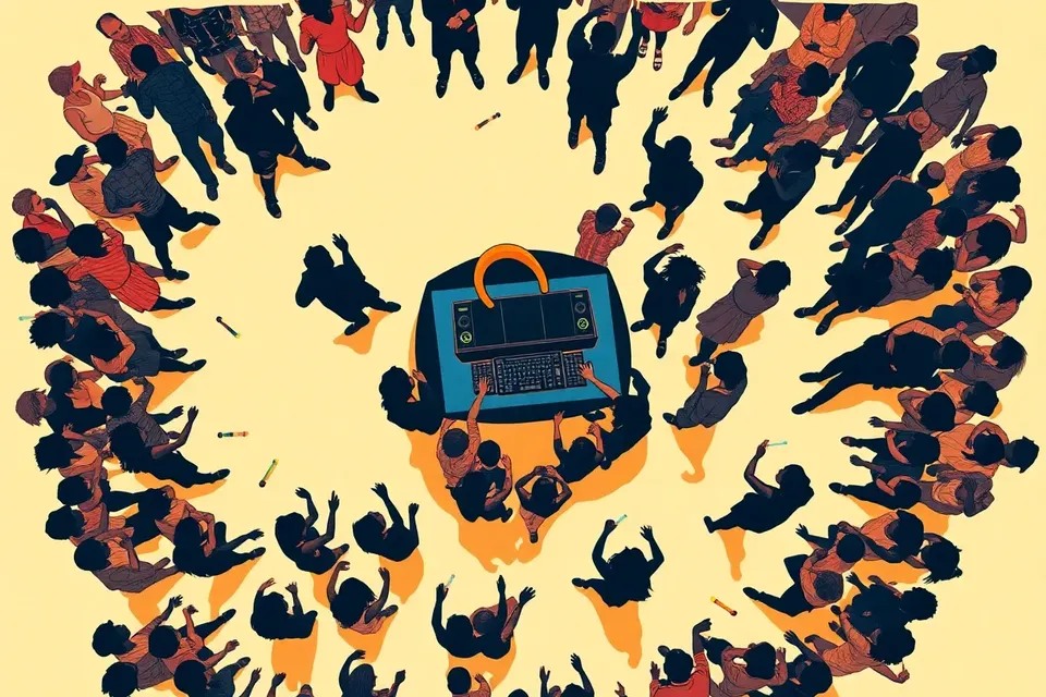 An overhead view of a crowded dance floor at a queer club night, with stylized figures dancing in a circular pattern around a DJ booth, surrounded by glow sticks and a sequined glove.