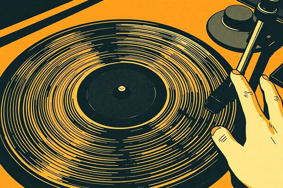 Close-up of a vinyl record on a turntable, with the needle in the groove and a hand near the tone arm. Warm amber light reflects off the record's surface, creating a hypnotic mood.