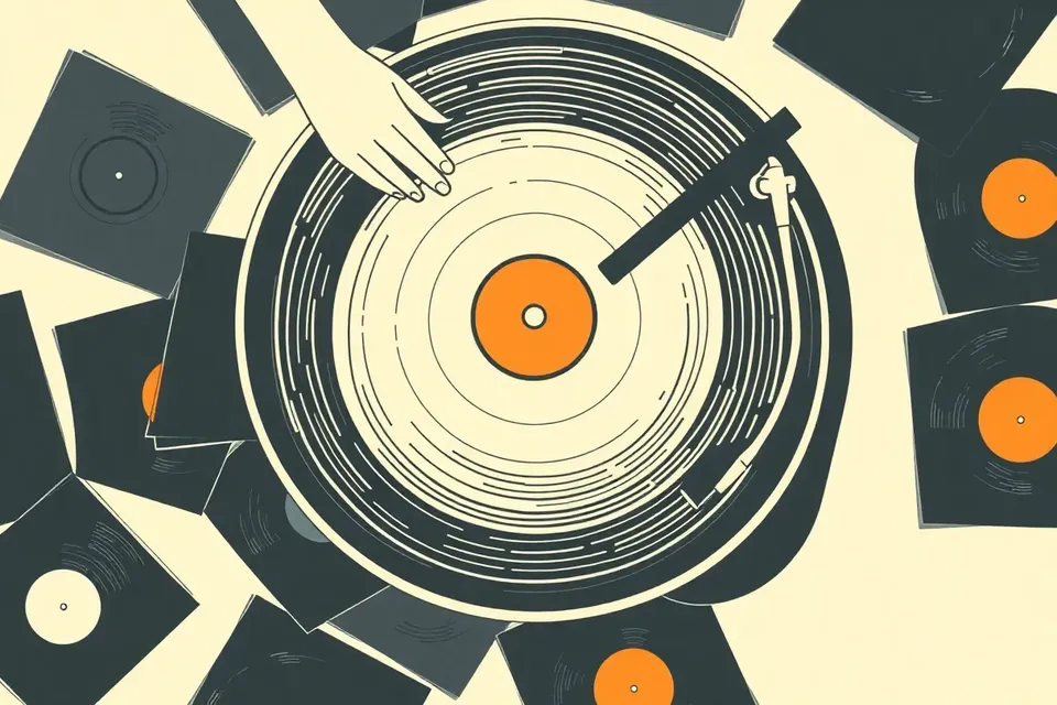 Overhead view of a turntable with vinyl records and hands mixing, surrounded by scattered record sleeves in a dark, moody setting.