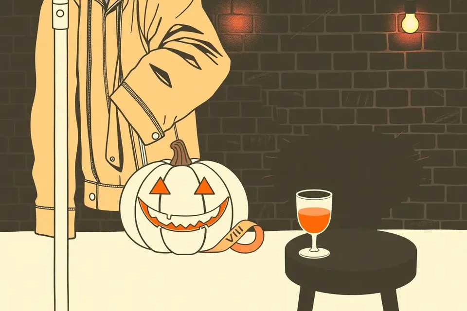 A still life arrangement with a leather jacket on a mic stand, a carved pumpkin, a VIP wristband on a stool, and a glass, set against a dark brick wall with a red light.