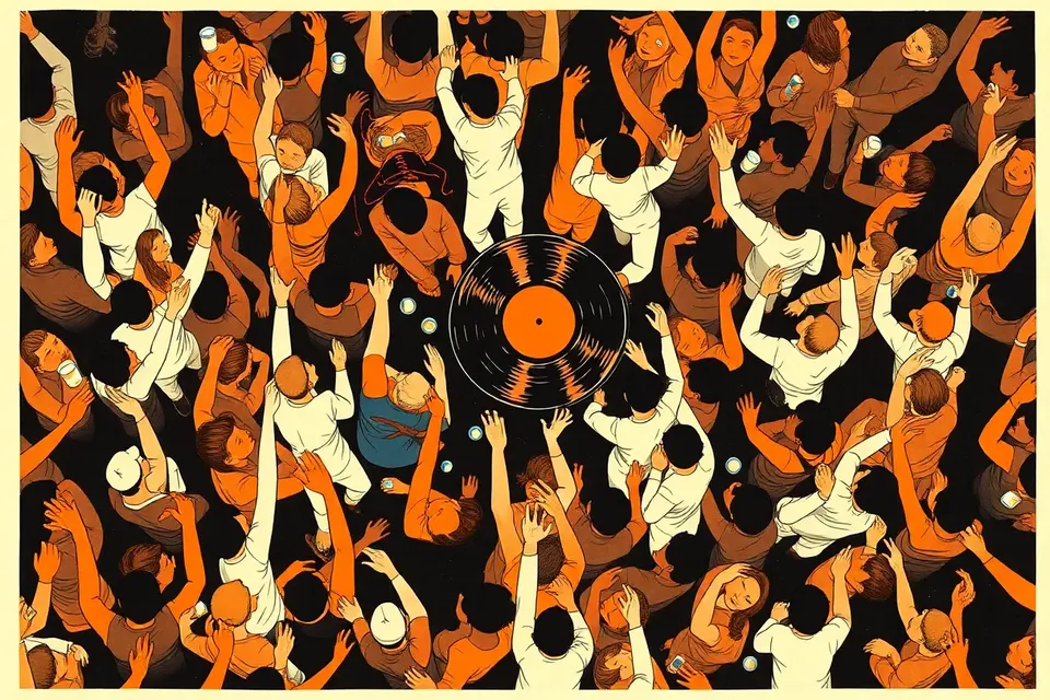 An overhead view of a crowded dance floor with stylized figures, a spinning vinyl record in the center, and scattered objects, evoking a lively nightlife event.