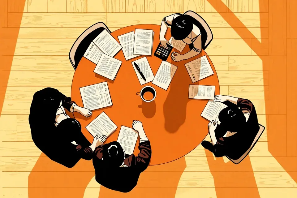Overhead view of a meeting table with documents and a calculator, surrounded by anonymous figures in a clubhouse setting.