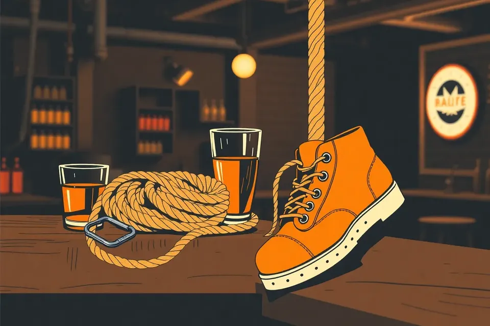 A still life arrangement on a bar counter: a coiled rope, a glass of amber drink, a carabiner, and a pole-dancing shoe, set in a dim industrial bar with exposed pipes and neon glow.