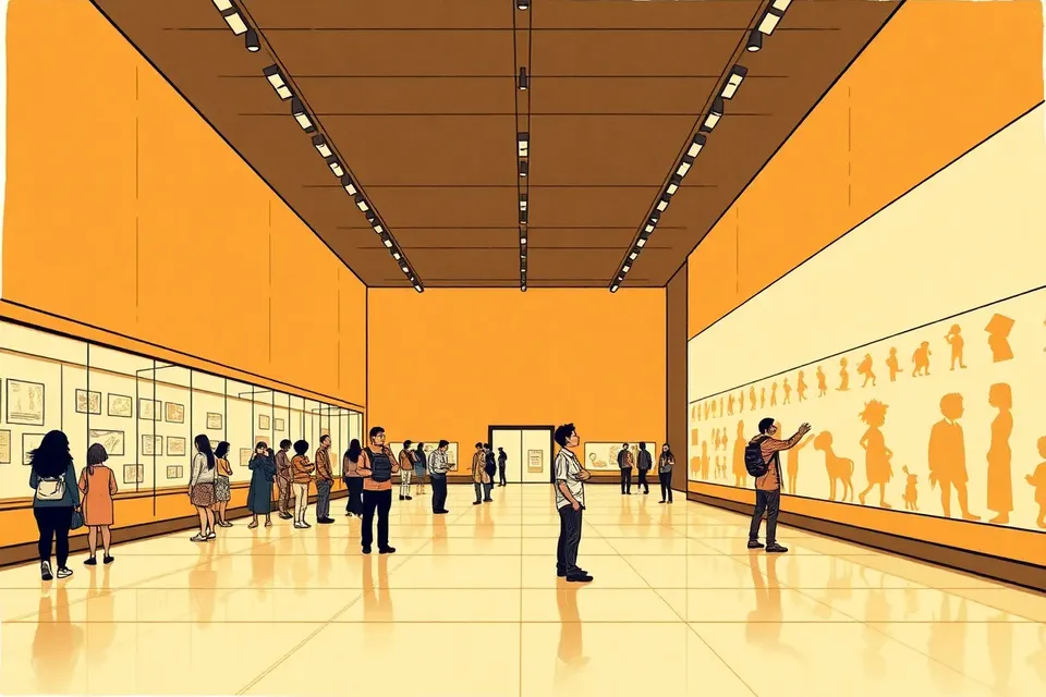 A wide view of an exhibition hall with visitors examining storyboards and animation cels in glass cases, soft lighting, and a person reaching toward a wall of character silhouettes.