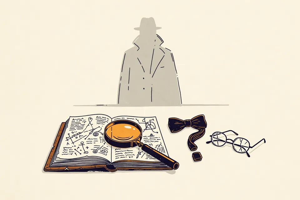 A still life with a magnifying glass on an open notebook showing sketches, a red bow tie, and cracked round glasses, with a shadowy trench coat silhouette on the wall.