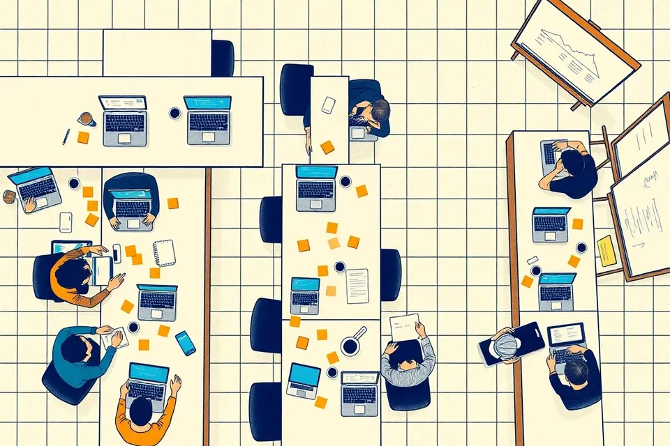 An overhead view of a tech event with laptops, sticky notes, and people collaborating around tables in a tiled room.