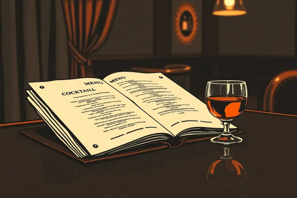 A close-up of an open cocktail menu on a dark bar, with a glass of amber drink beside it, in a dim, intimate bar setting.
