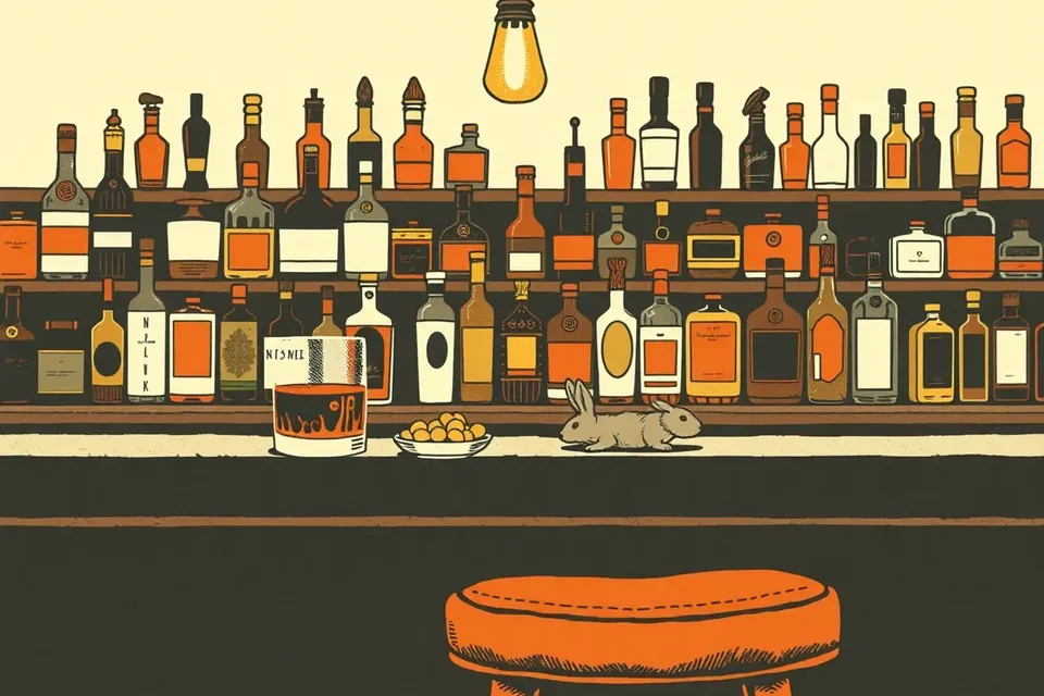 A moody still life of a bar counter with a whiskey glass, peanuts, and a rabbit bottle opener, set against a backdrop of liquor bottles and a leather stool, evoking a hidden bar's intimate atmosphere.
