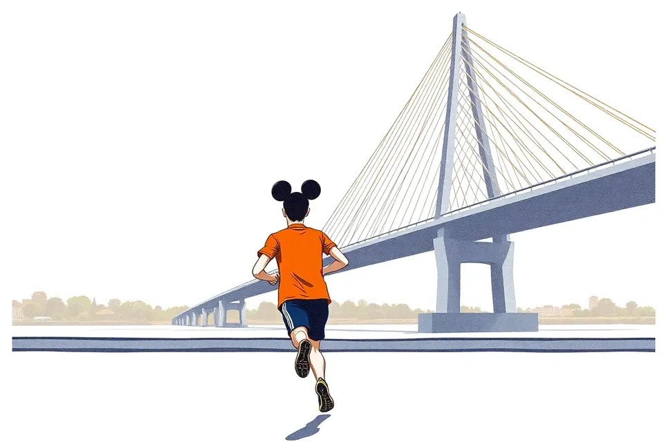 A runner in a red shirt and mouse ears pauses on a riverfront path, looking back at the Rama VIII Bridge. The bridge's cables and towers frame the scene, with the river sparkling in the background.
