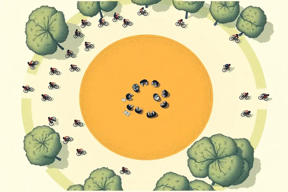 An overhead view of a park clearing where still figures sit or lie, surrounded by blurred paths of joggers and cyclists.