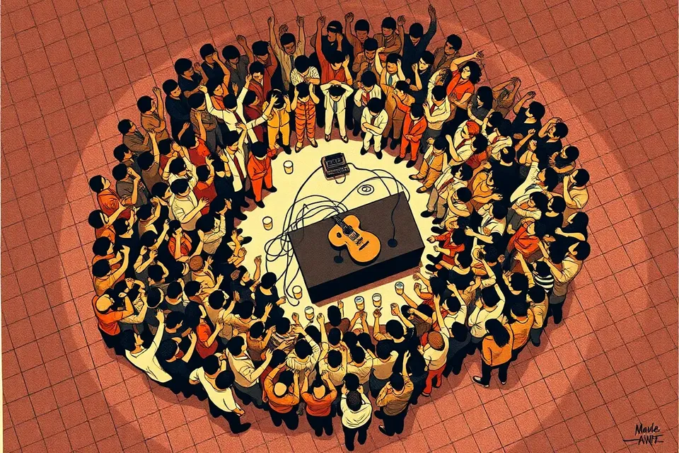 An overhead view of a concert crowd surrounding a small stage with a guitar and drum kit, the audience's raised hands creating a dynamic circular pattern.