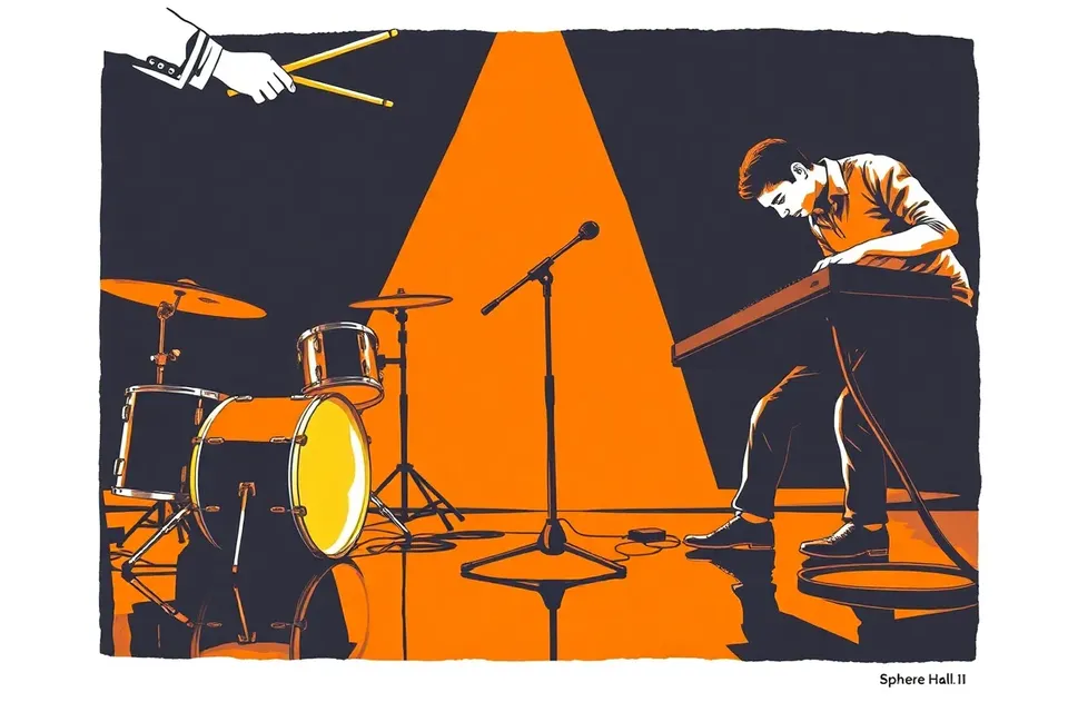An illustration of a drummer and keyboardist performing on a dark stage, with a microphone stand between them, surrounded by reflections on the glossy floor.