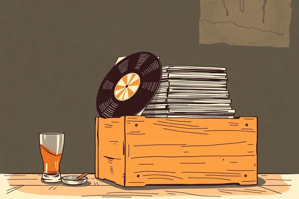 A still life arrangement of vinyl records, a glass, and an ashtray on a wooden crate against a dark wall with a subtle mural.