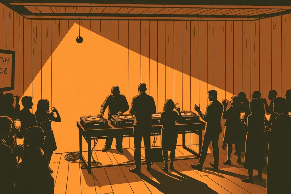 A dimly lit cafe with wooden walls, two DJs at a table with vinyl records, and a small crowd of silhouetted figures dancing and drinking.