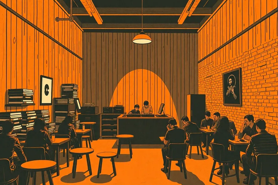 A wide shot of a cozy, dimly lit cafe with a DJ booth at the back, two DJs at the turntables, and a few patrons seated at low tables, surrounded by vinyl crates and warm ambient light.