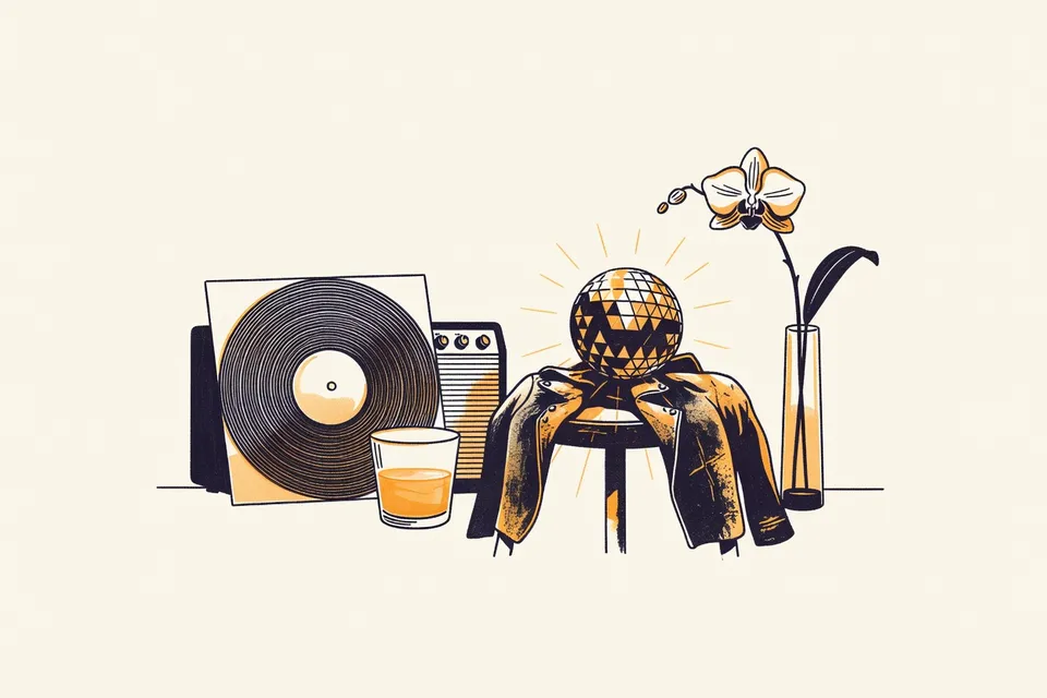 A still life scene with a vinyl record sleeve leaning against a vintage amplifier, a half-empty glass of amber liquid, a small disco ball, a worn leather jacket on a stool, and a single orchid in a vase, evoking a queer club night at Horn in Bangkok.