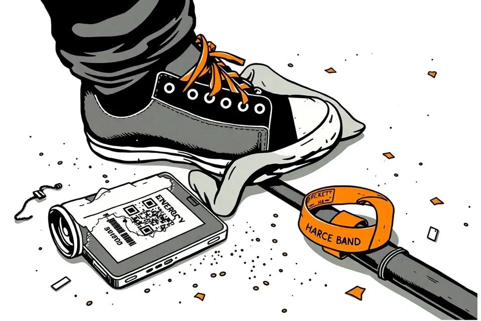 A still life of a worn sneaker stomping a crushed energy drink can, a crumpled band tee, a cracked phone, and a frayed wristband coiled around a drumstick on a gritty floor.