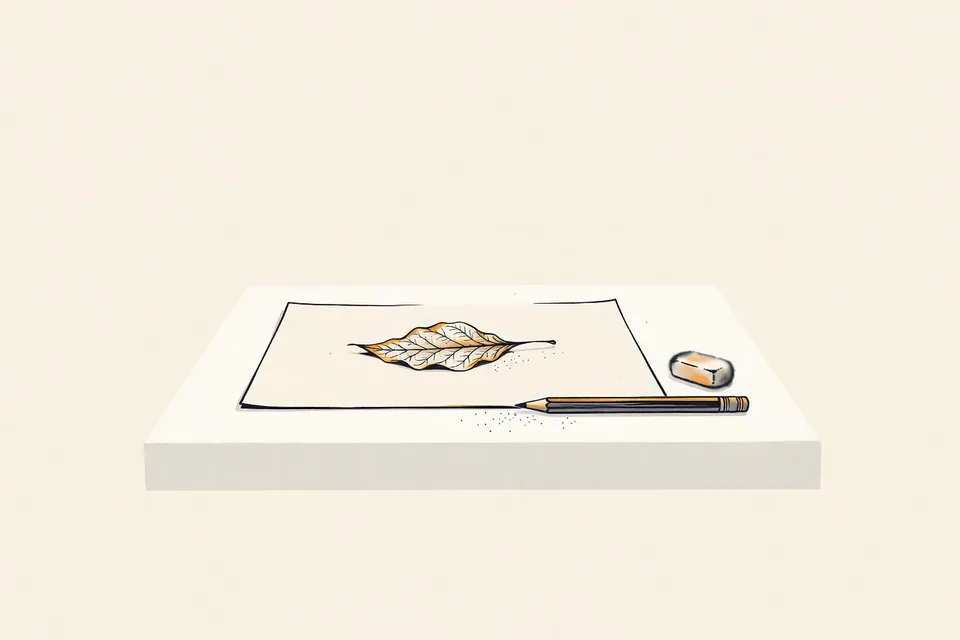 A still life arrangement on a white plinth: a sheet of drawing paper with curled edges, a graphite pencil, a smudged eraser, graphite dust, and a pressed dried leaf with visible veins.