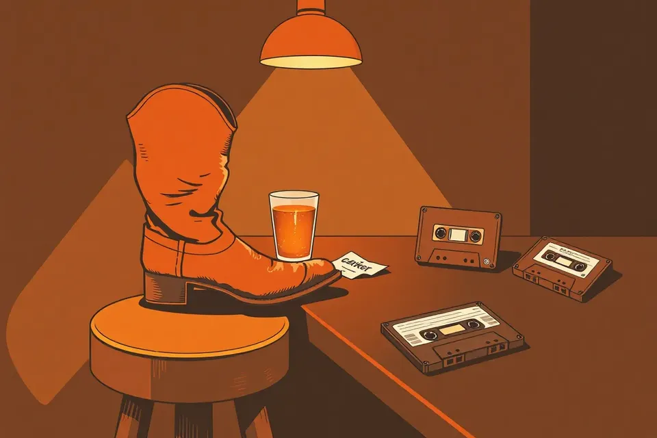 A still life illustration of a cowboy boot, a glass of amber drink, a ticket stub, and a cassette tape on a wooden bar surface under a warm lamp.