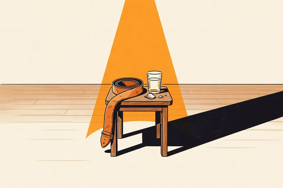 A spotlight shines on a stool with a guitar strap, a glass of water, and a rose petal, casting a long shadow on an empty stage floor.
