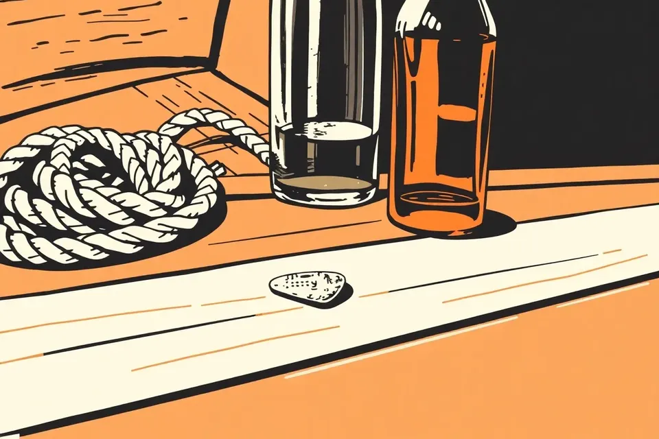 A still life illustration of a guitar pick, rope, and bottle on a boat deck, with dark river water in the background, evoking a low-tuned tribute night on a Bangkok boat.