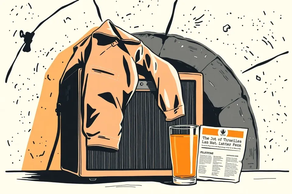 A still life arrangement with a leather jacket on a speaker, vinyl records, a glass, and a flyer, set against a damp concrete wall in a tunnel-like venue.