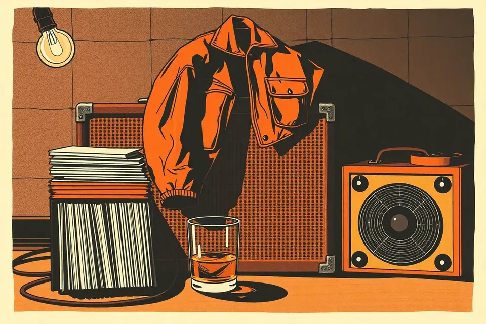 A still life illustration of a leather jacket on an amplifier, vinyl records, and a whiskey glass, evoking a gritty nightlife scene.