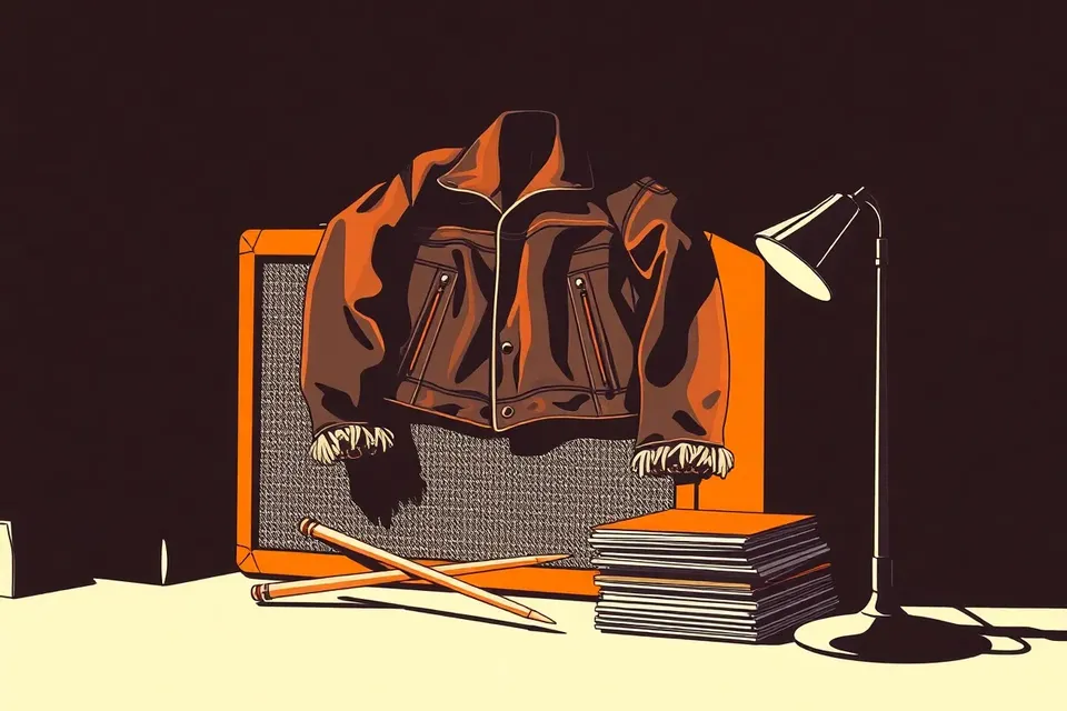 A still life arrangement of a leather jacket on an amplifier, drumsticks on vinyl records, and a leaning stage light in a dim room.