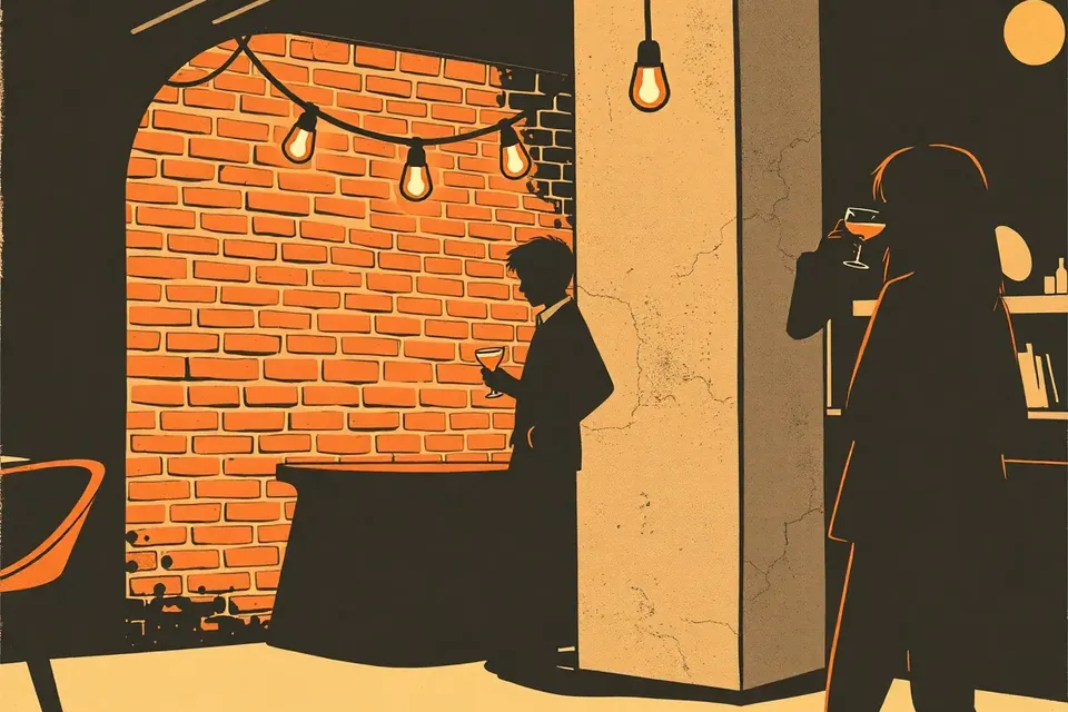A stylized illustration of a person leaning against a concrete pillar in a dimly lit industrial venue, holding a glowing cocktail, with another figure swaying in the background, evoking a moody nightlife atmosphere.