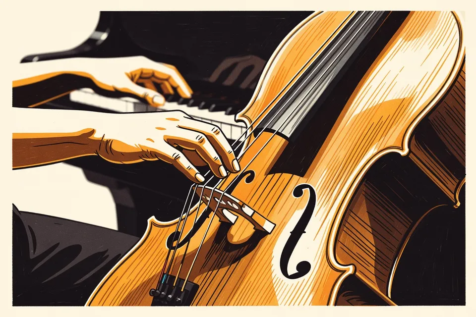 Close-up of a cello fingerboard with a hand pressing strings, blurred piano keys in background, warm wood tones.