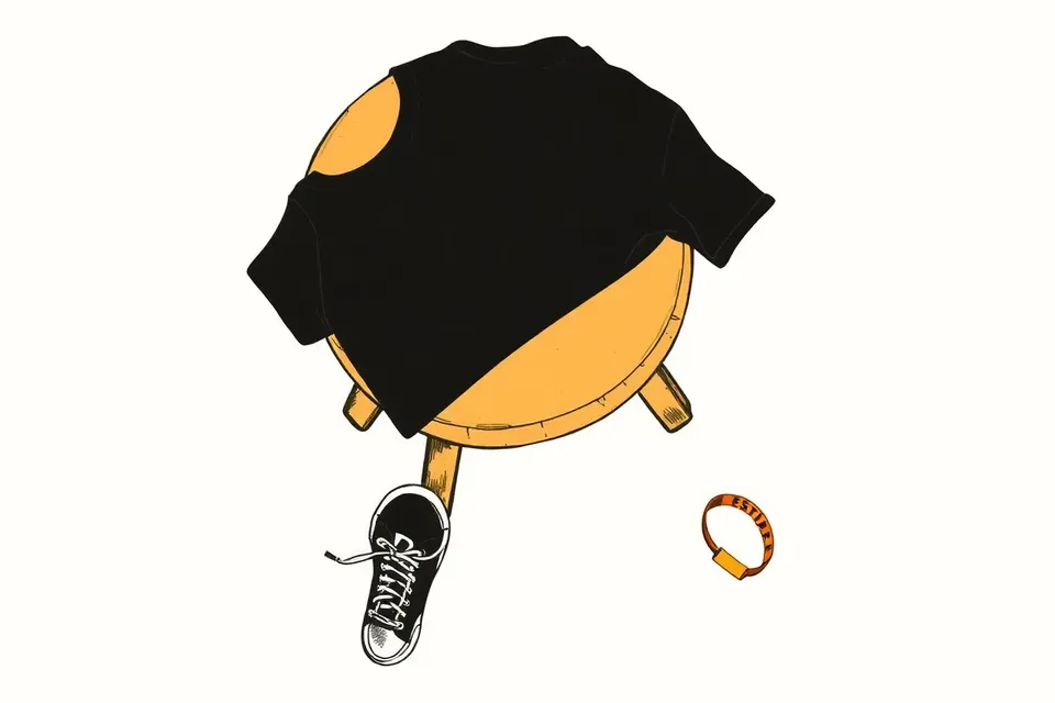 A still life of a folded black oversized t-shirt on a wooden stool, with scuffed sneakers and a festival wristband on the floor, in a dim, hazy atmosphere.