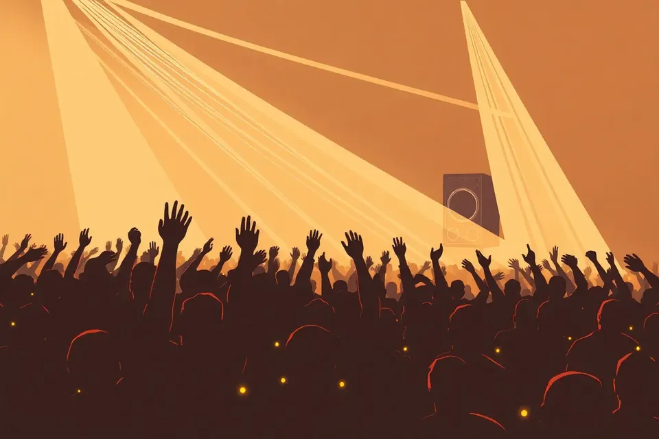 Wide shot of an electronic music festival with a crowd of silhouetted figures dancing under laser beams and colored lights.