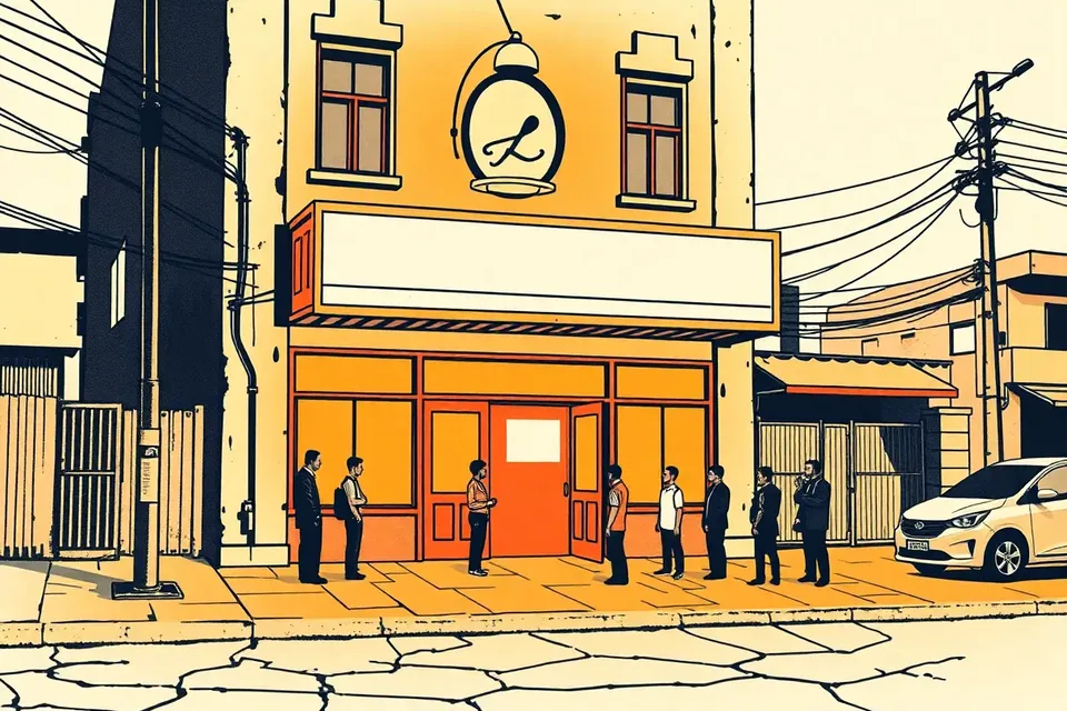 An old cinema with a plain marquee at dusk, a few people waiting outside, the building's aged details prominent, quiet and nostalgic atmosphere.