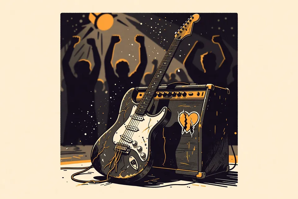 Close-up of a damaged electric guitar with a crying heart sticker, leaning against an amplifier, with silhouetted crowd and red stage light in background.