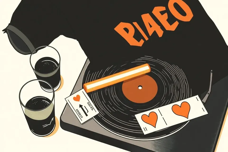 A still life arrangement on a dark surface: a black band t-shirt covers a turntable, a glass of soda and a ticket stub with a heart sit nearby, and a purple glow stick rests on a vinyl record, illuminated by soft light.