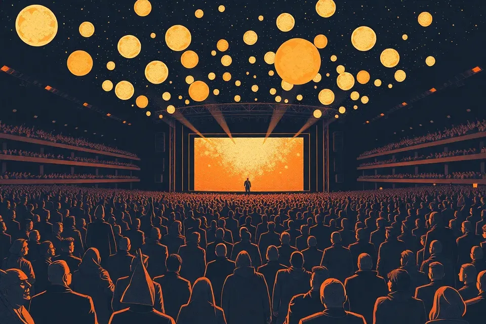 A wide shot of a dark, cavernous indoor venue filled with a crowd of costumed figures, their hands raised toward a distant, illuminated stage, with floating orbs of light and beams cutting through the haze.