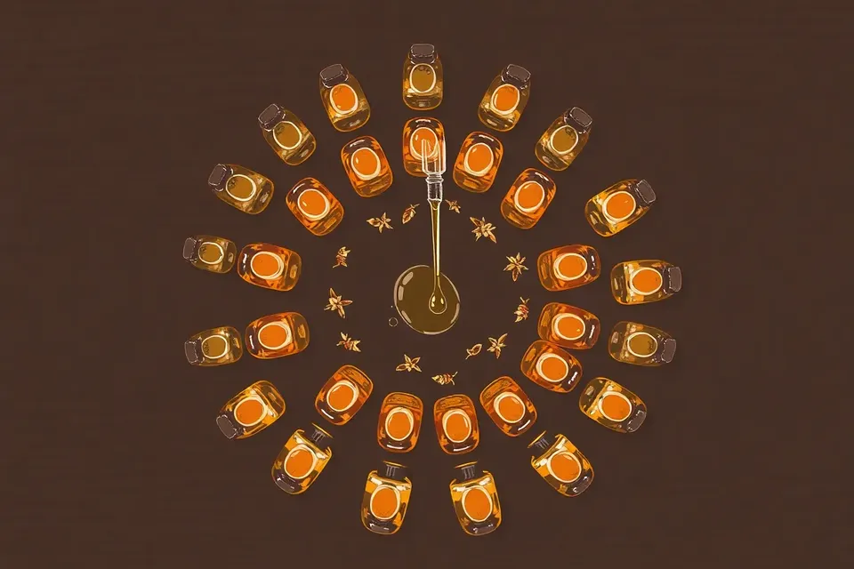 An overhead view of a circular pattern of amber glass bottles on a dark wooden table, with a pipette above one bottle and dried botanicals scattered between them.