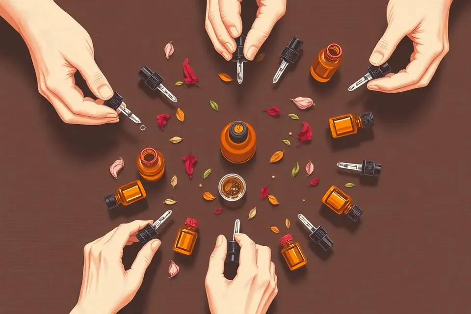 Overhead view of an essential oil blending station with amber bottles, droppers, and scattered botanicals on a dark table, hands mixing a central blend.