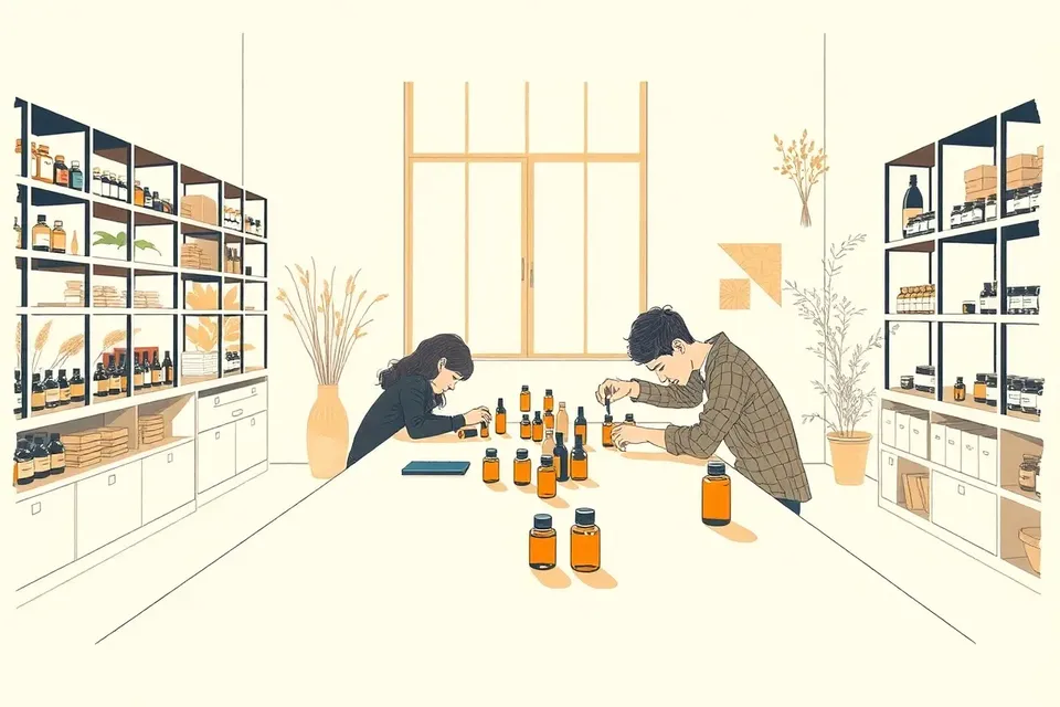 A wide view of a bright, minimalist studio with people at a wooden table mixing essential oils, surrounded by shelves of dried plants and amber bottles.