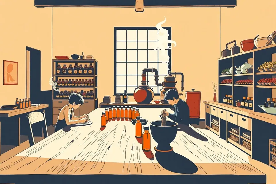 A wide view of a bright, minimalist studio where several people sit at a long table with small amber bottles and mortars, a copper still in the corner, and shelves of dried plants, creating a serene, hands-on workshop scene.