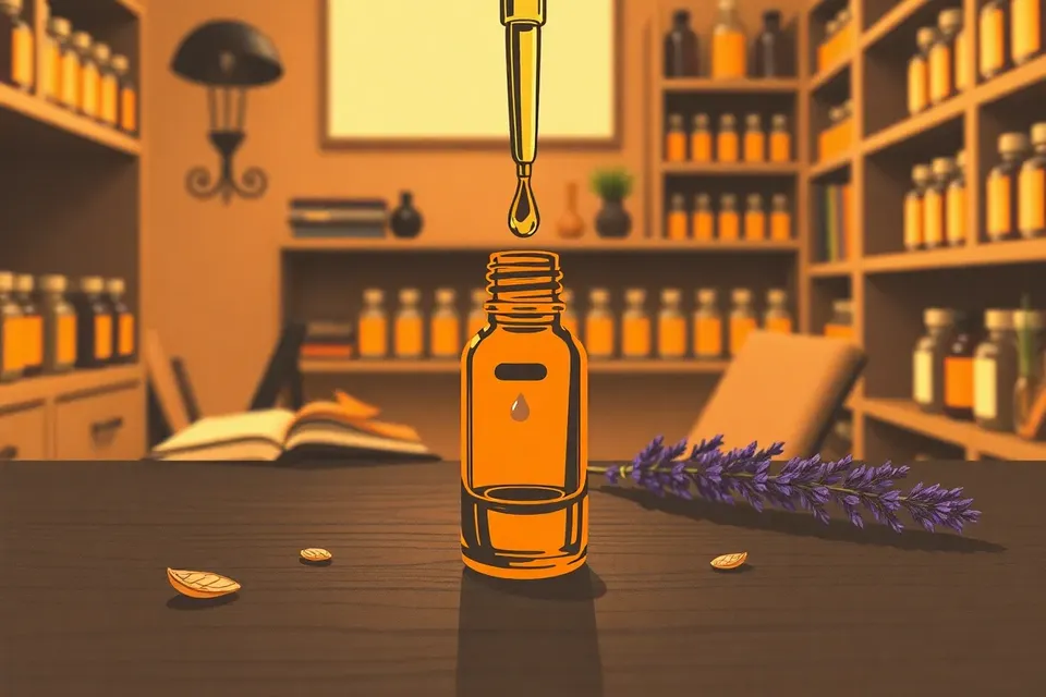A close-up of a glass dropper releasing a drop of golden oil into a small amber vial, surrounded by dried botanicals and lavender on a dark wooden surface, with blurred shelves of vials in the background.