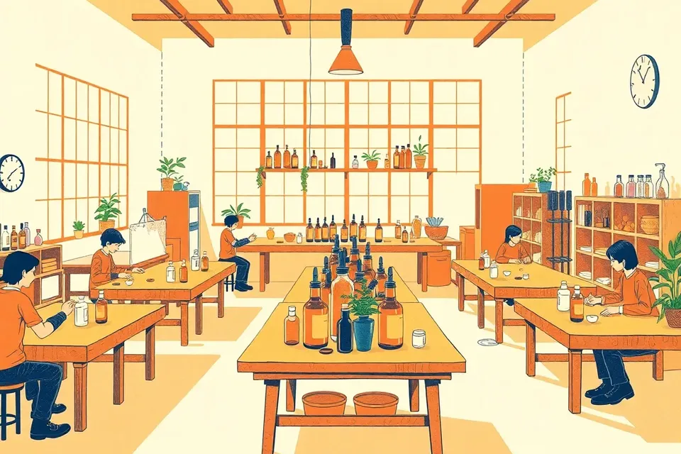 A bright workshop with people at tables, surrounded by amber bottles and plants, creating personalized oil blends.