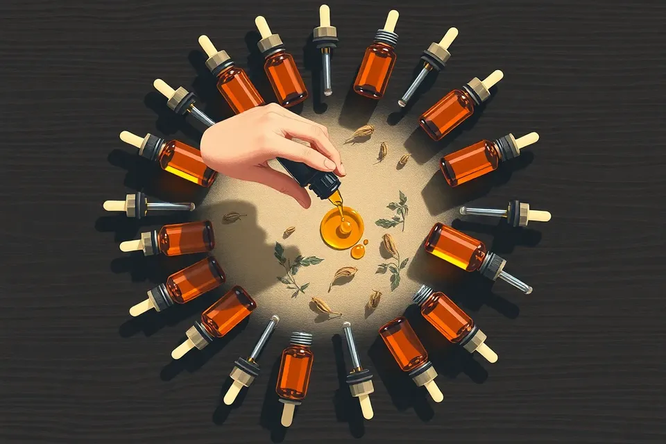 An overhead view of a wellness session with amber oil vials arranged in a circle on dark wood, a hand tilting one vial, and dried botanicals scattered around.