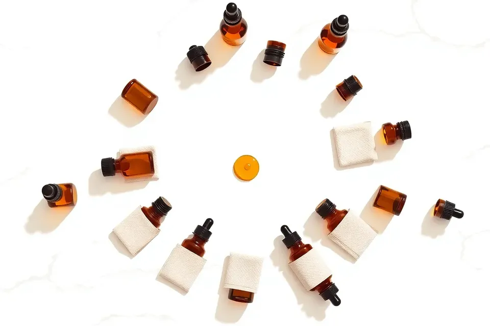 An overhead view of essential oil vials arranged in a circle on a marble counter, with a dropper releasing a single drop, surrounded by folded linen cloths.