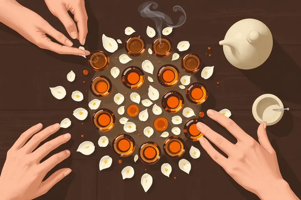 Overhead view of amber oil vials arranged in a circle on dark wood, with white petals and a ceramic diffuser emitting steam.