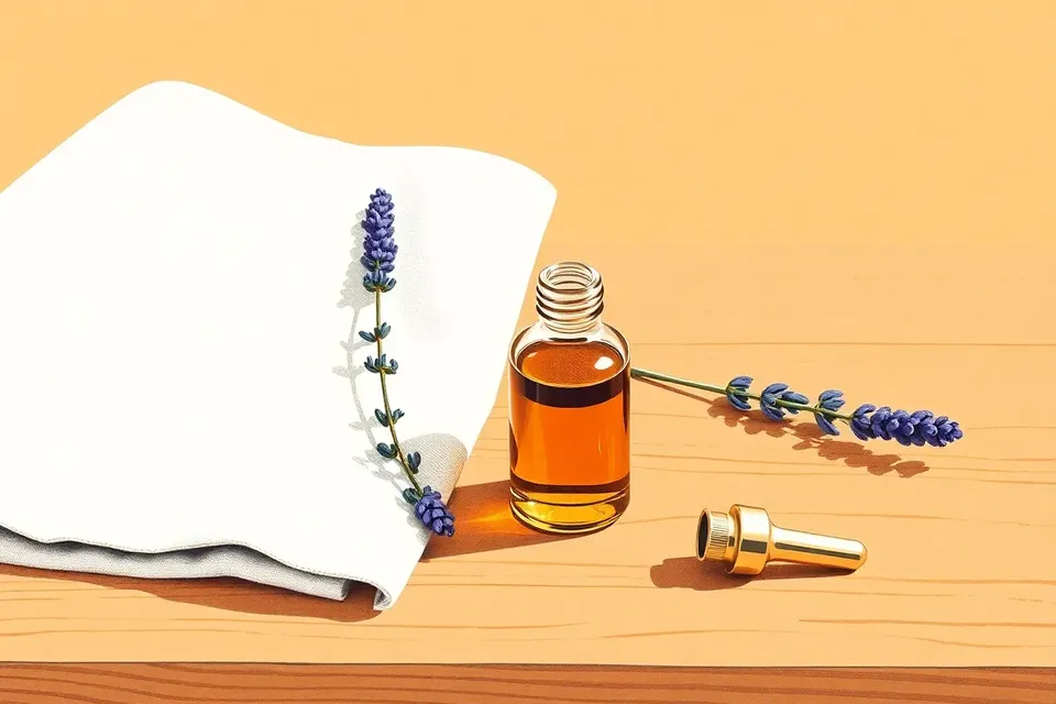 A still life arrangement with a glass vial of amber oil, a folded linen cloth, a sprig of dried lavender, and a brass dropper on a wooden counter, lit by soft light.
