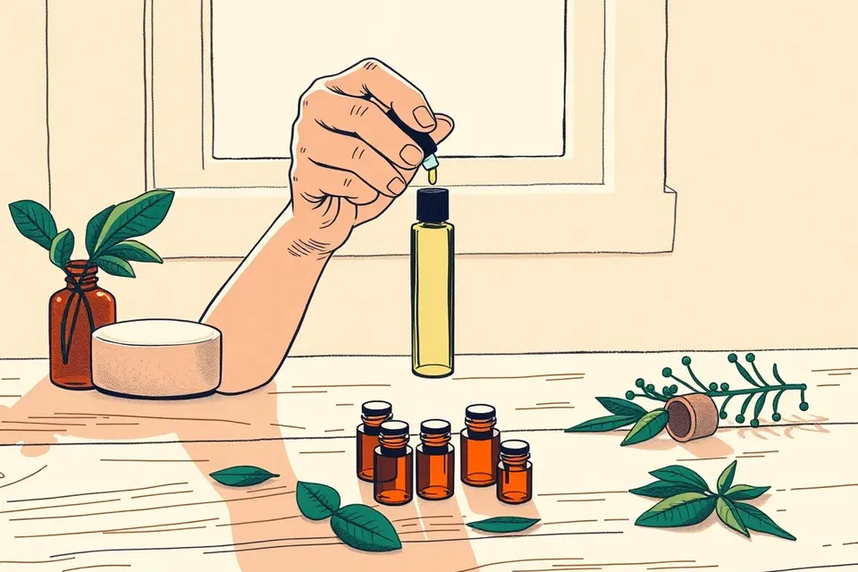 Close-up of hands crafting a personalized essential oil roller bottle on a wooden table with amber vials and leaves, in warm light.