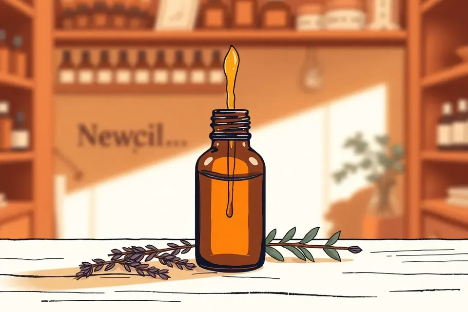 Close-up of an amber glass dropper bottle with golden oil rising in a curl, surrounded by dried lavender and eucalyptus on a wooden counter, with blurred shelves of bottles in the background.
