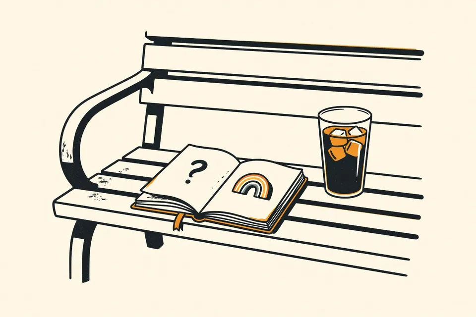A park bench with an open notebook featuring a handwritten question mark, a rainbow pin, and a glass of iced tea in soft afternoon light.